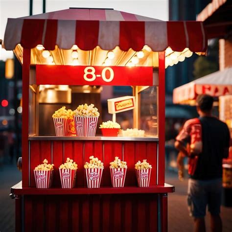 Fotografía de un puesto de palomitas moderno en un cine, con los recipientes gigantes y las ofertas.