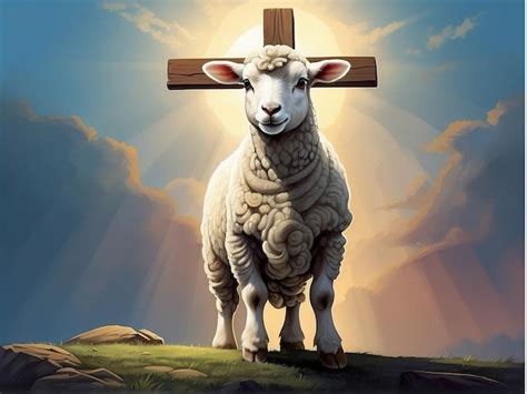 ilustración de un cordero asado a la cruz en un entorno rural