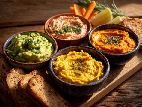 Selección de salsas y dips (como hummus, salsa de queso, guacamole) servidos con palitos de garbanzo.