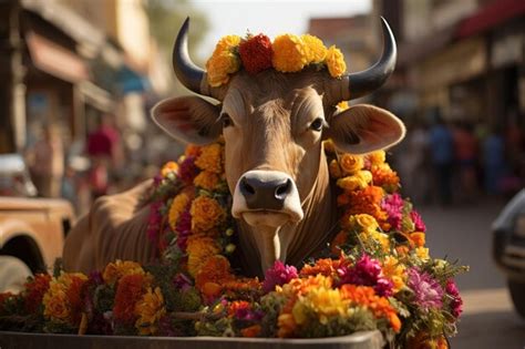 Una mujer adornando una vaca con flores durante la fiesta de Gopashtami.
