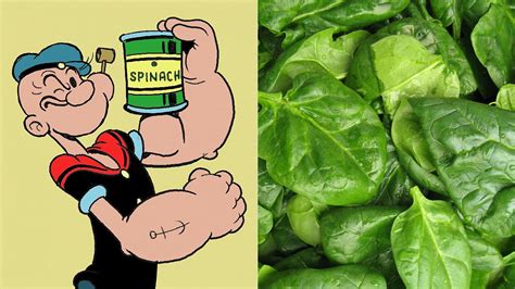 Popeye el Marino comiendo espinacas de una lata, mostrando fuerza muscular