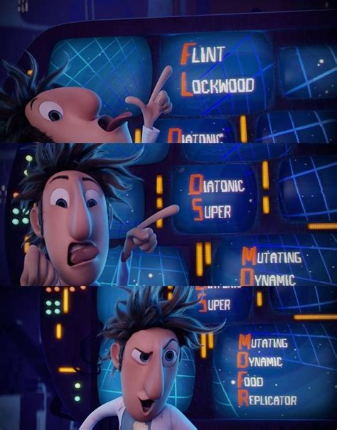 Flint Lockwood con el FLDSMDFR y comida cayendo del cielo, estilo caricatura del videojuego