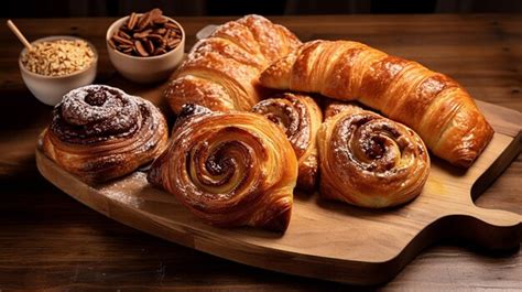 Variedad de panes y bollería que podrían formar parte de un desayuno continental, incluyendo croissants y brioches