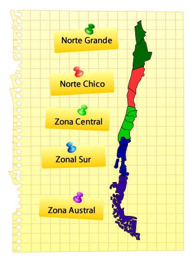 Mapa gastronómico de Chile con platos representativos por zonas geográficas