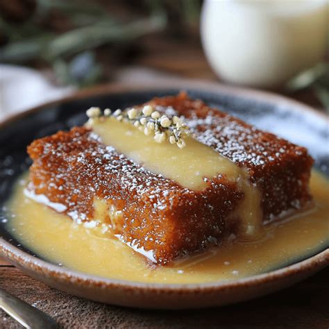 Ilustración de un malva pudding servido con natillas y helado