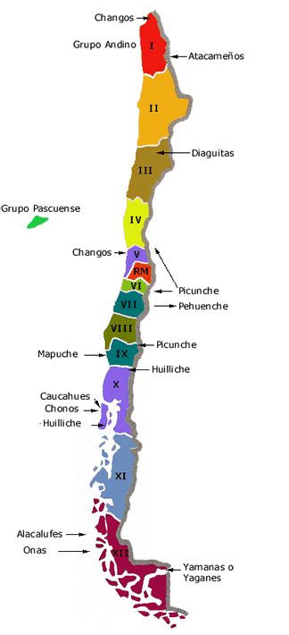 Mapa de Chile destacando la ubicación de los pueblos originarios mencionados.