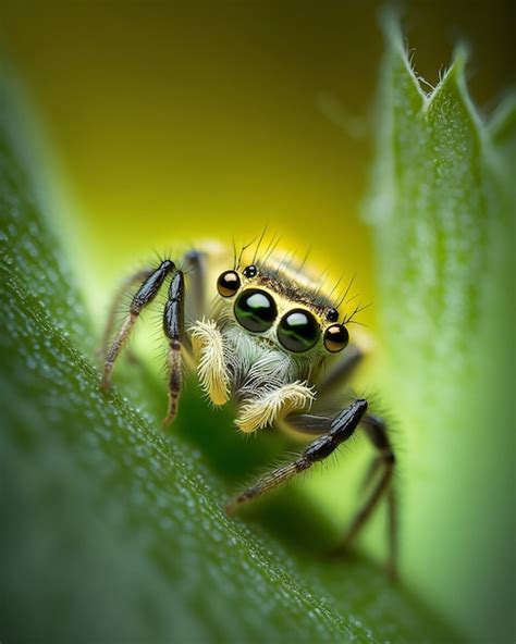 Fotografía macro de la Araña Magnífica sobre una superficie, mostrando sus llamativos colores blanco, amarillo y salmón.