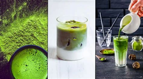 Collage de imágenes mostrando diferentes formas de consumir chocolate matcha: en un batido, como un cuadrado de chocolate, en galletas.