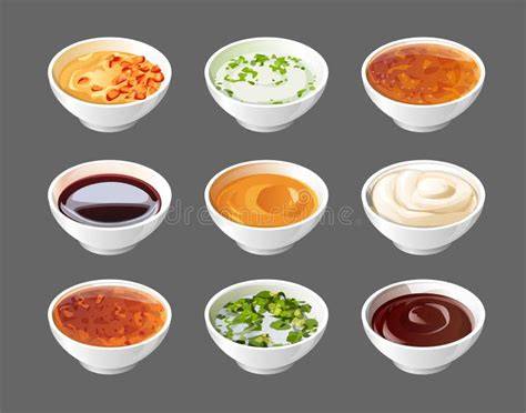 Ilustración de un surtido de salsas coloridas junto a porciones de pollo y chuletas de cerdo.