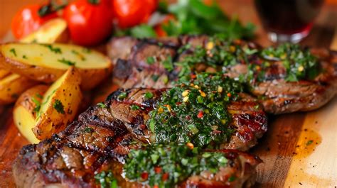 Plato de carne a la parrilla con un generoso acompañamiento de salsa chimichurri.