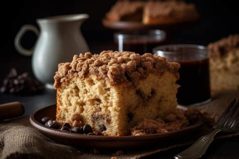 Fotografía de un pastel de café recién horneado con cobertura de migas y una taza de café humeante a un lado.