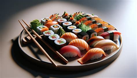 Fotografía gastronómica de una bandeja variada de sushi estilo japonés