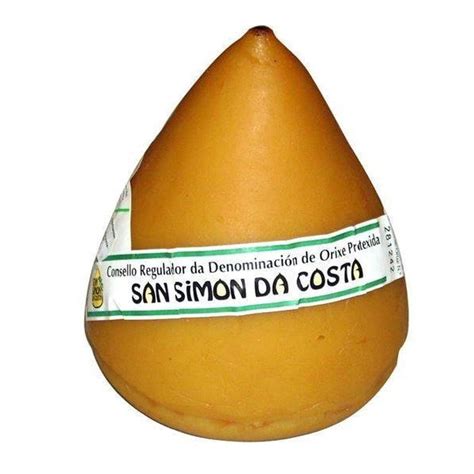 Esquema visual que muestra la forma cónica del queso San Simón da Costa y su interior de pasta semidura