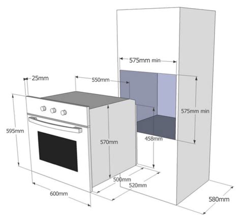Esquema de un horno empotrado en un mueble de cocina con medidas