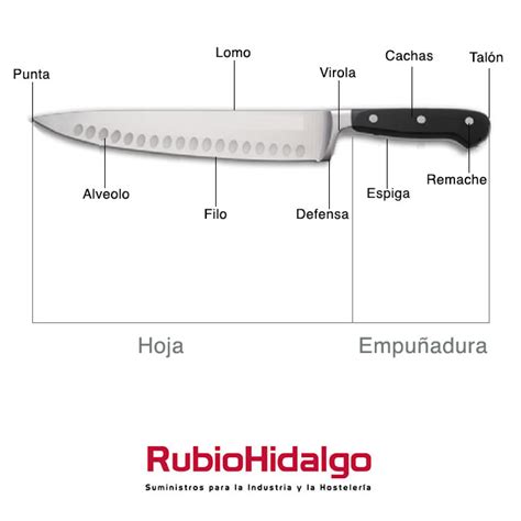 Esquema de las partes de un cuchillo salmonero (hoja, punta, filo, alveolos, mango, espiga, cachas, remaches)