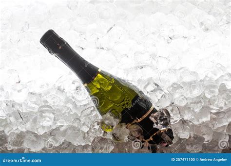 Botellas de vino espumoso enfriándose en hielo
