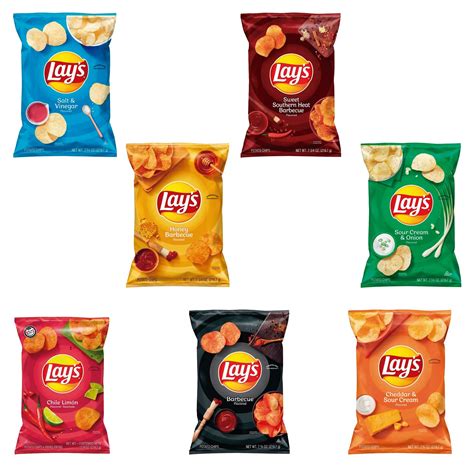 variedad de paquetes de papas fritas con diferentes sabores, incluyendo crema y cebolla