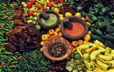 Ilustración de ingredientes típicos mexicanos como maíz azul, chiles y hongos.