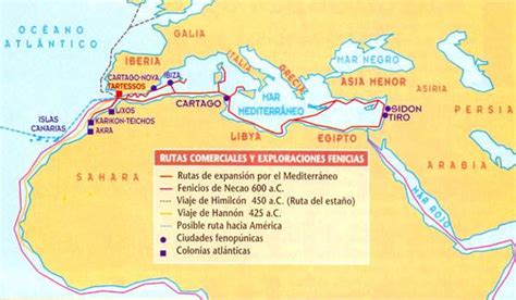 Mapa histórico de las antiguas factorías de salazón en el Mediterráneo y las rutas comerciales fenicias.
