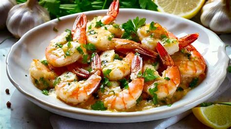 Plato de camarones al ajillo con vino blanco y cilantro listos para servir