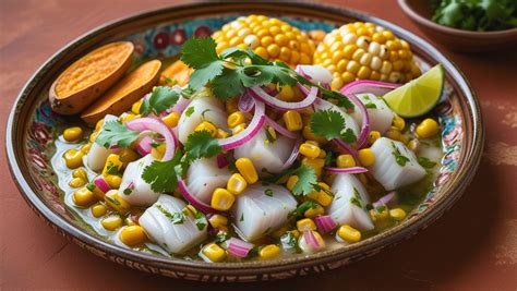 Ceviche peruano tradicional con pescado fresco, cebolla morada, choclo y camote.
