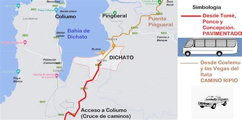 Mapa de la bahía de Dichato destacando su ubicación costera y principales atractivos turísticos.