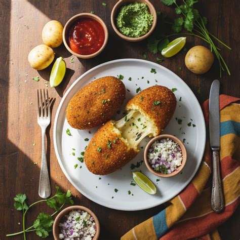 Fotografía profesional de papas rellenas doradas y crujientes servidas en un plato con ensalada fresca