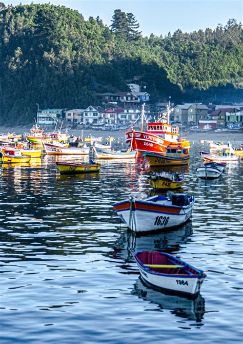 Vista aérea de la Caleta Tumbes en Talcahuano, con botes pesqueros y restaurantes
