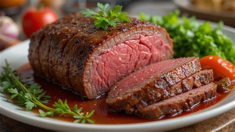 fotografía de un roast beef asado y cortado, con una salsera al lado