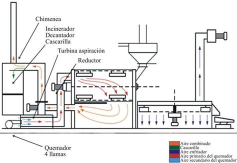 Esquema de funcionamiento de una tostadora industrial de maní mostrando el flujo de material desde la tolva hasta la descarga