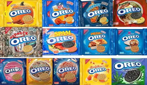 Infografía comparativa de las diferentes variedades de galletas Oreo, mostrando sus características y rellenos.