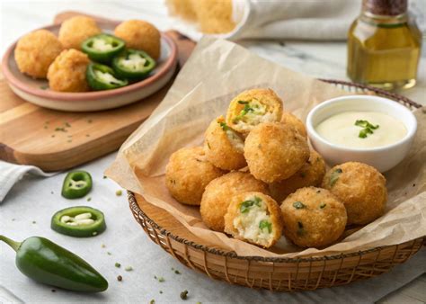 Plato de bolitas de queso y jalapeño recién fritas, con diferentes salsas para acompañar