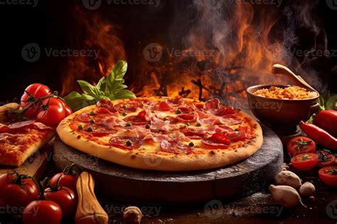 Fotografía profesional de una pizza recién horneada con bordes crujientes y los ingredientes distribuidos uniformemente.