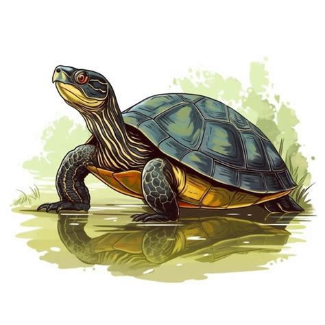 Ilustración de una tortuga de agua cazando pequeños peces en su hábitat natural.