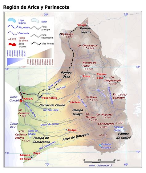 Mapa de la región de Arica y Parinacota, destacando la ubicación del área de estudio y los caminos prospectados.