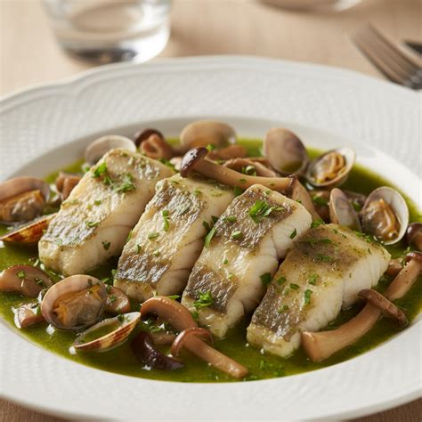 plato terminado de merluza en salsa verde con espárragos y mejillones, presentado de forma elegante