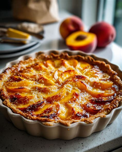 Fotografía profesional de una tarta de durazno con rodajas frescas y brillante capa de almíbar