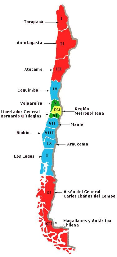 Mapa de Chile destacando las regiones mencionadas en las recetas de sopa de pan.