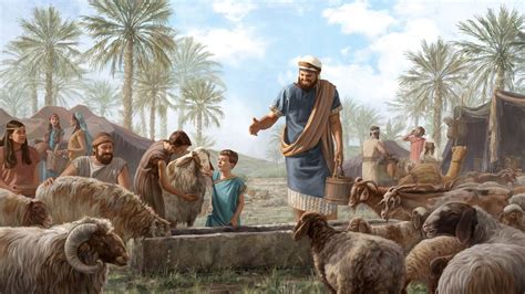 Ilustración de Jacob con sus rebaños, mostrando ovejas de diferentes colores, y las varas peladas.