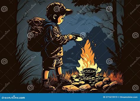 Ilustración de Ignis cocinando en un campamento