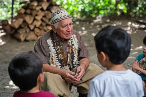 Ilustración de un anciano mapuche contando historias a niños