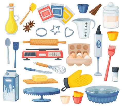 Ilustración de ingredientes variados para repostería, incluyendo leche, maicena, galletas y frutas.