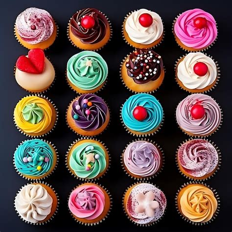 Variedad de cupcakes decorados con diferentes coberturas y merengues
