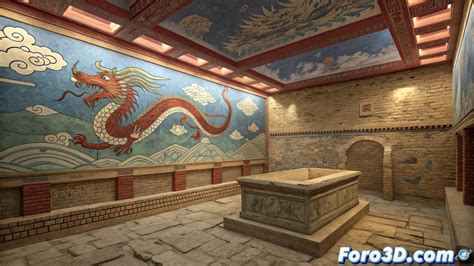 Recreación de una tumba de la dinastía Han con artefactos, incluyendo vasijas de bronce.