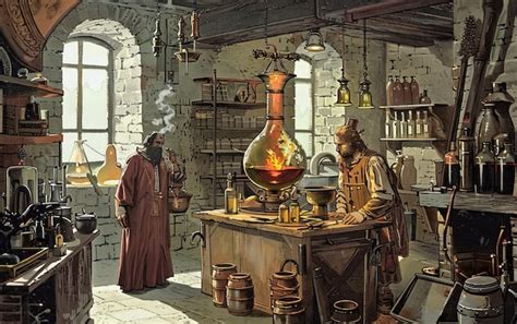 Ilustración antigua de un alquimista trabajando en su laboratorio, con retortas y matraces.