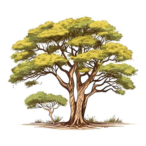 Ilustración de árboles de acacia en flor en un paisaje rural.