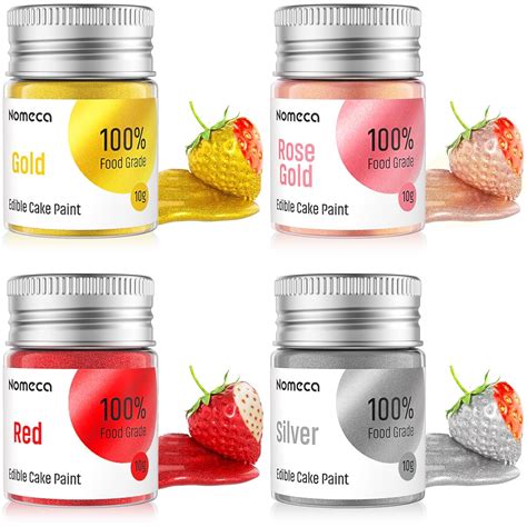 Muestra de diferentes colores de pintura dorada comestible (oro, oro rosa, plata, rojo).