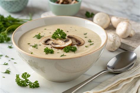 Tazón de crema de champiñones ligera decorada con hierbas frescas
