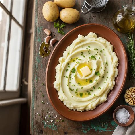 plato de puré de patatas rústico servido como guarnición junto a un plato principal