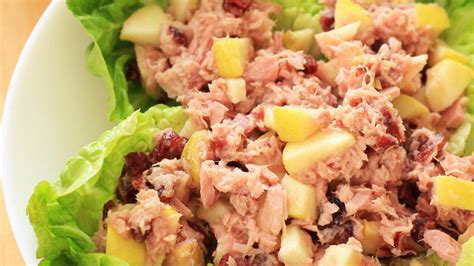 Varias opciones de presentación de ensalada de atún con manzana y arándanos en wraps, sándwiches y tostadas.